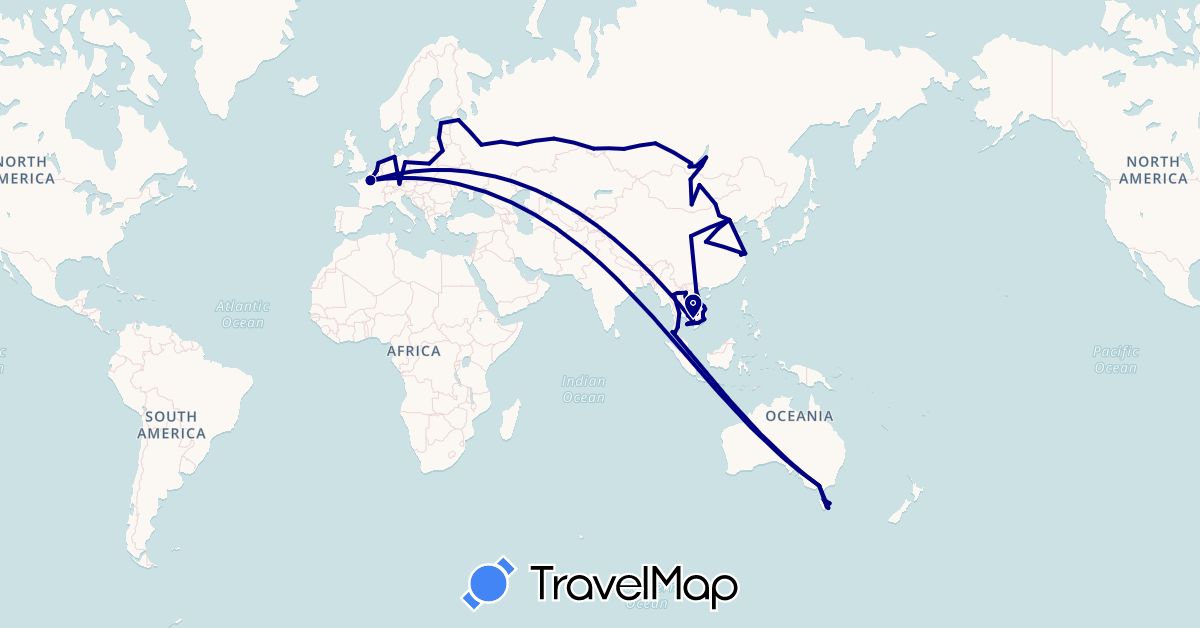 TravelMap itinerary: driving in Australia, Belgium, China, Germany, Estonia, France, Cambodia, Laos, Lithuania, Latvia, Mongolia, Netherlands, Poland, Russia, Singapore, Thailand, Vietnam (Asia, Europe, Oceania)